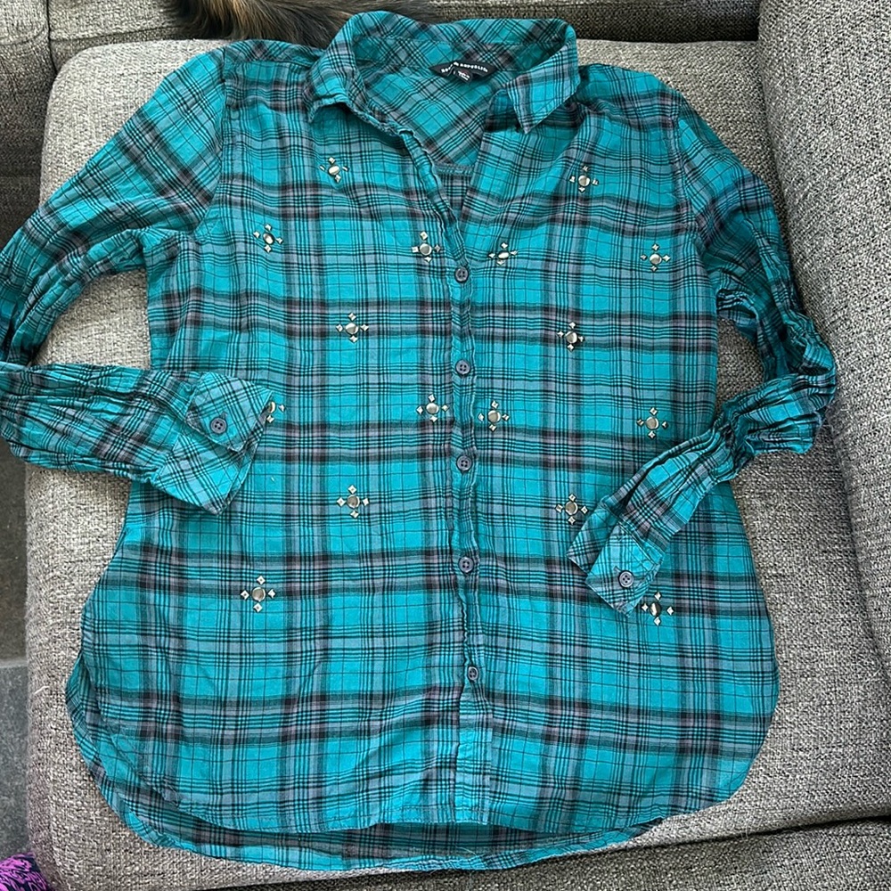 Rock & Republic Embellished Plaid Button Down Top XS